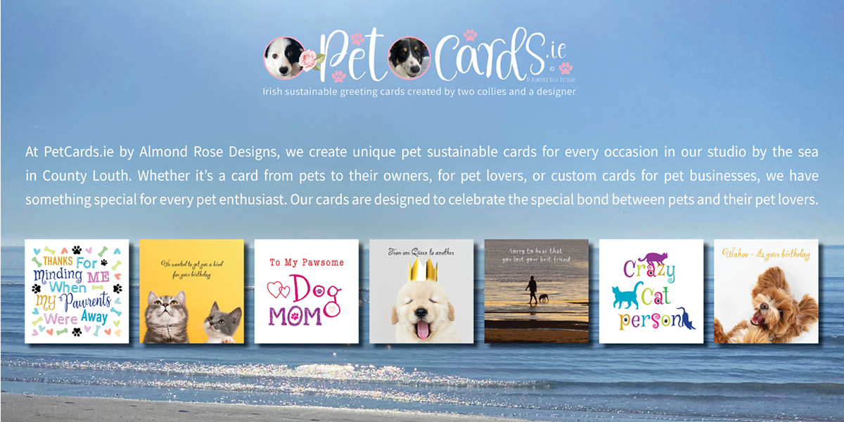 This is an image showcasing 7 of our pet greeting cards against a coastal background